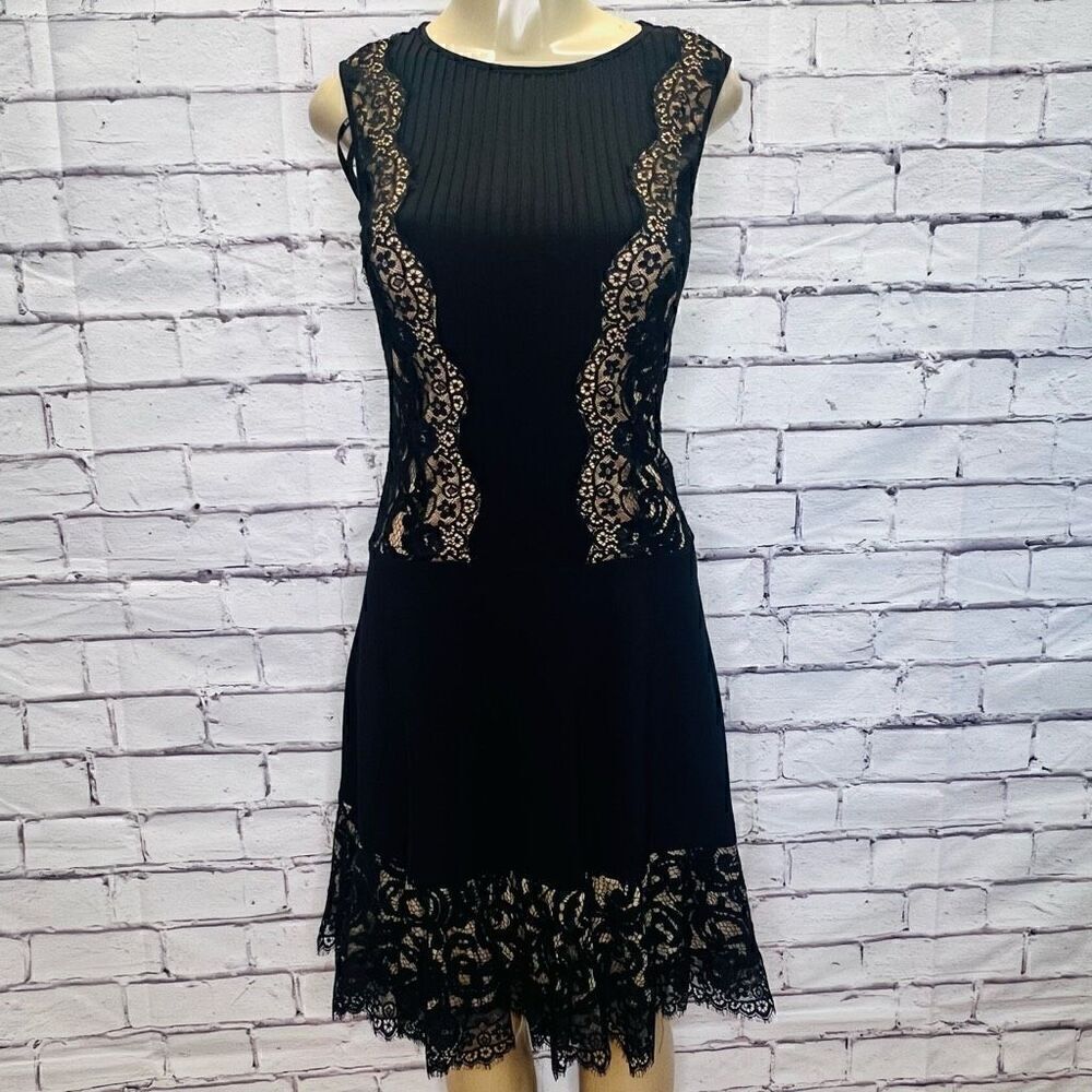 Tadashi Shoji Womens Sheer Lace Pintuck Jersey Lace Panel Dress Black Size XS